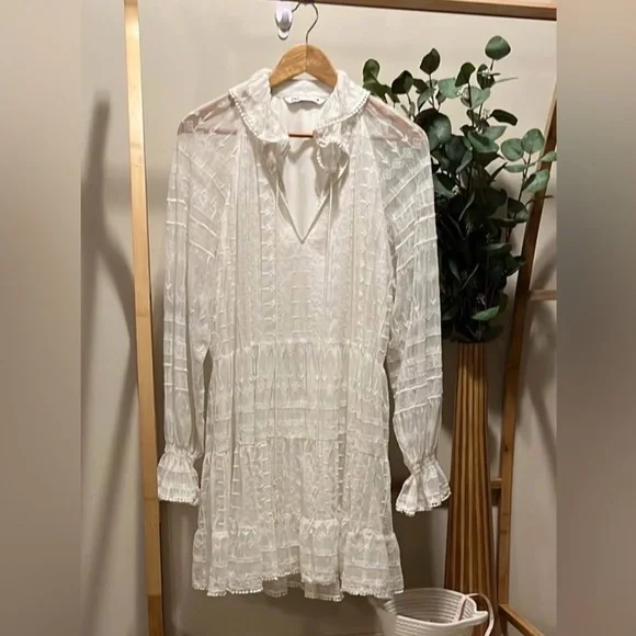 Zara White Sheer Ruffled V-Neck Tunic Dress - Picture 1 of 5
